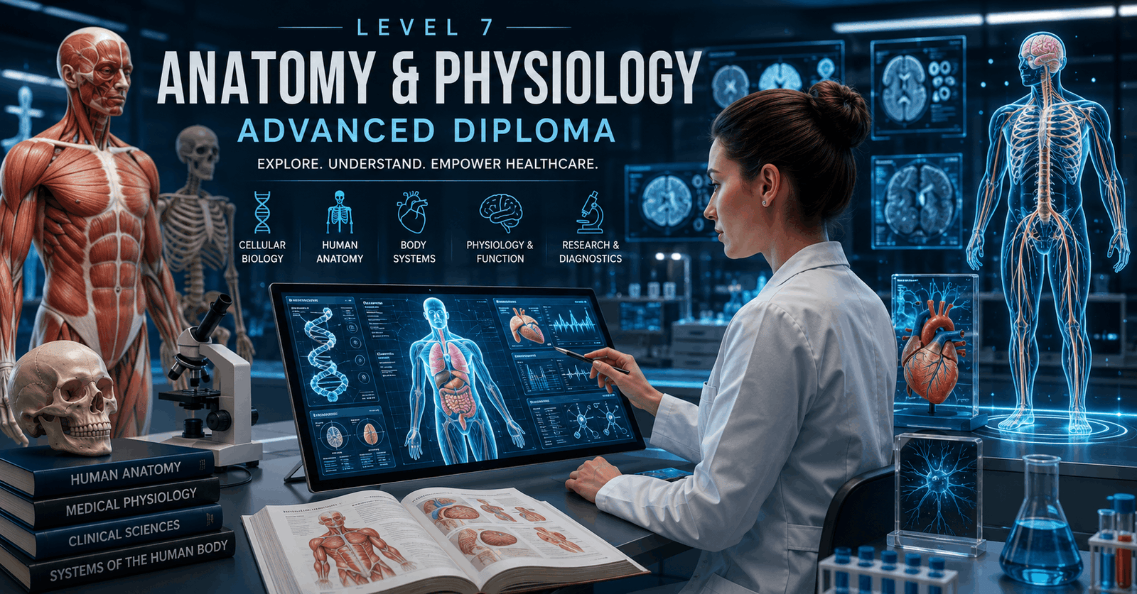 Medical student studying human body systems in Anatomy and Physiology Course laboratory environment