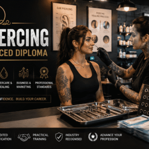 Professional Body Piercing Course showing expert piercer in modern hygienic studio with jewellery and piercing tools