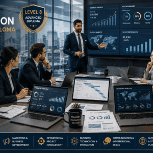 Business Administration Diploma course showing professionals in a modern corporate strategy meeting