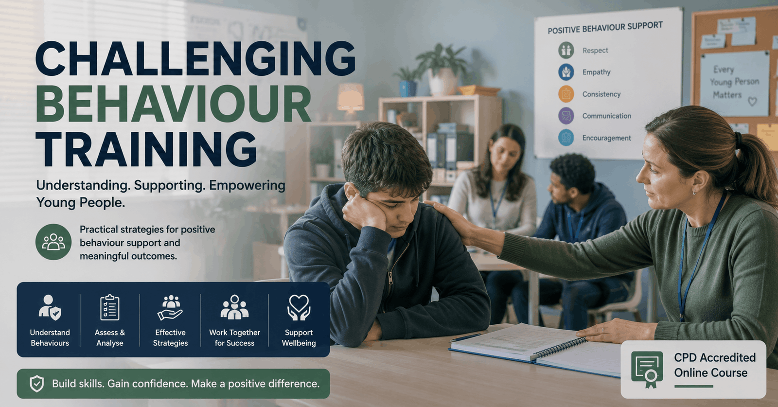 Support worker helping a young person during Challenging Behaviour Training in a safe learning environment