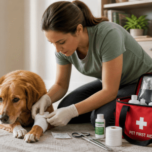 Dog first aid training showing owner treating injured dog with medical kit in emergency situation