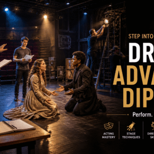 Actors rehearsing on stage during Drama Advanced Diploma performance and theatre training session