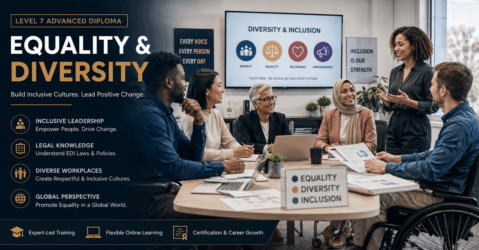 Diverse professionals collaborating in an inclusive workplace for Equality Diversity Diploma training