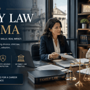 Legal professional discussing family law cases during Family Law Diploma training in a modern office