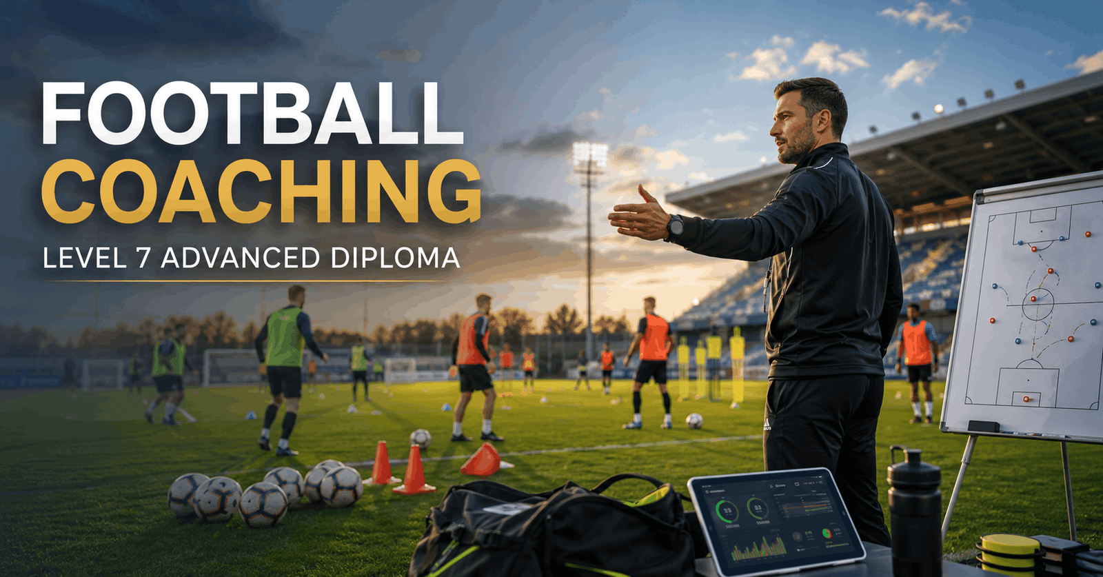Professional coach leading an elite football training session for the Football Coaching Diploma Level 7 course.