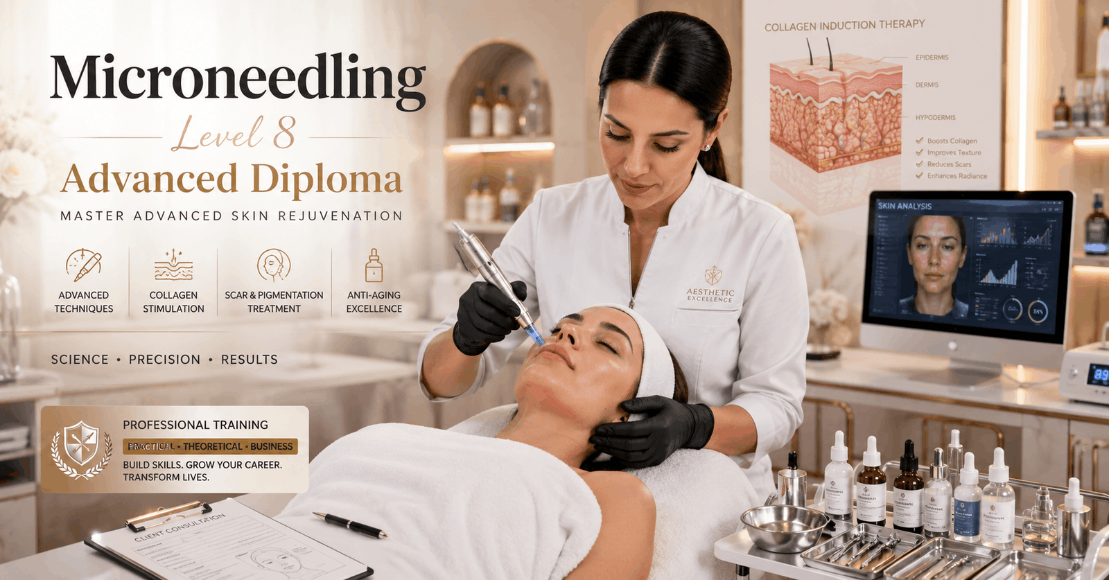 Professional microneedling treatment demonstration for Microneedling Advanced Diploma course