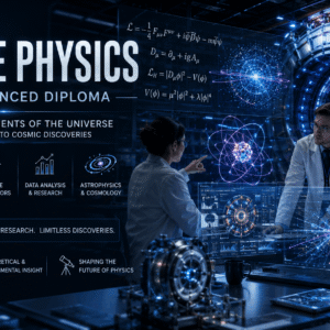 Advanced Particle Physics Course showing quantum particles, accelerator technology, and scientific research laboratory