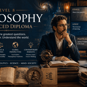Scholar studying classical and modern philosophy during Philosophy Course in an academic library setting