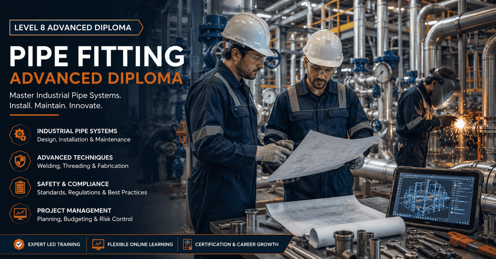 Industrial technician working on pipe systems for Pipe Fitting Diploma training