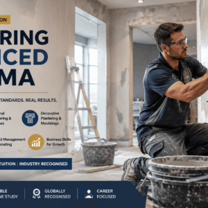 Professional plasterer applying smooth wall finish during Plastering Advanced Diploma practical training