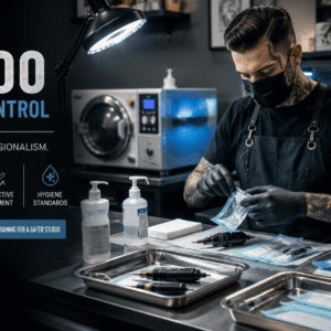 Tattoo artist following Tattoo Infection Control procedures in a modern hygienic tattoo studio