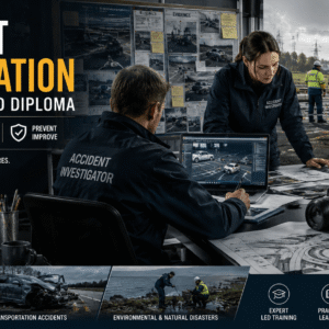 Professional accident investigation diploma training scene with investigators analysing accident evidence