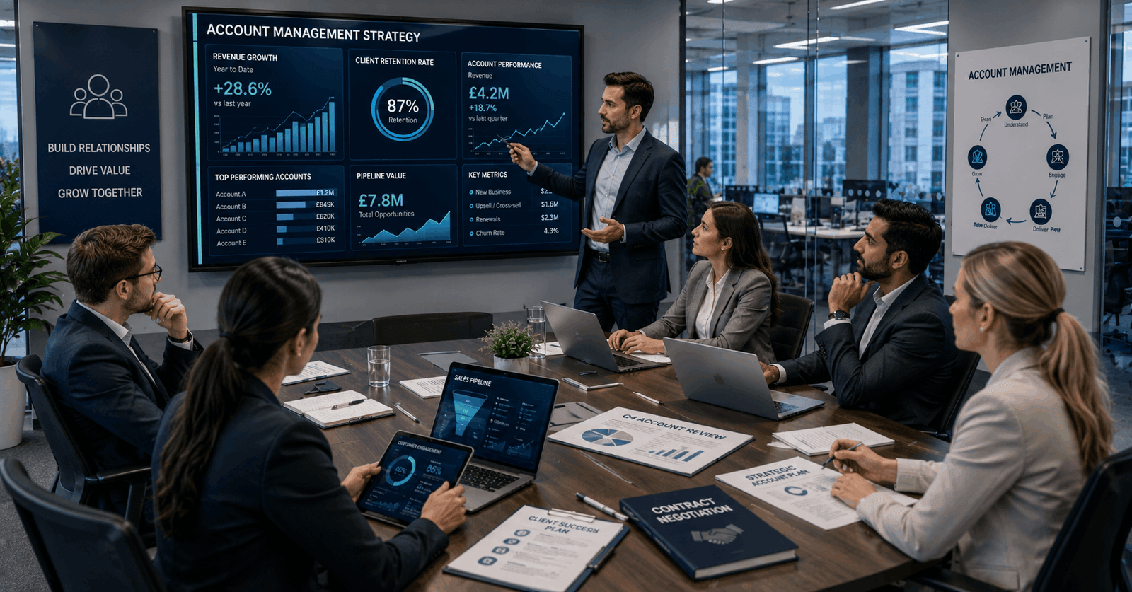 Account Management Diploma professionals reviewing client strategies and business performance dashboards