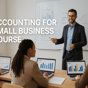 Students learning accounting for small business with laptops, charts, and financial data in a bright UK classroom.