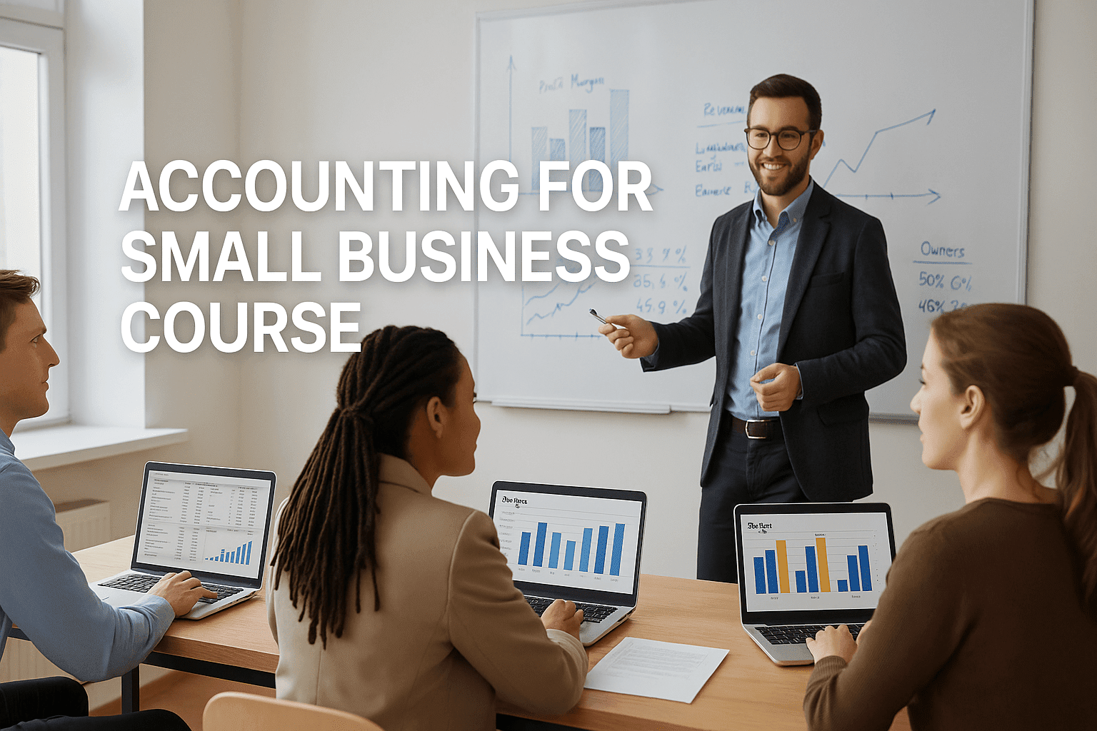 Students learning accounting for small business with laptops, charts, and financial data in a bright UK classroom.