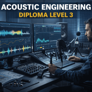 Acoustic Engineering Diploma Level 3 showing an engineer analysing sound waves and audio equipment in a sound lab