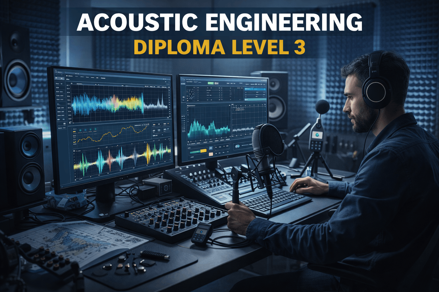 Acoustic Engineering Diploma Level 3 showing an engineer analysing sound waves and audio equipment in a sound lab