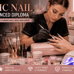 Professional acrylic nail treatment and nail artistry session in a luxury beauty salon environment