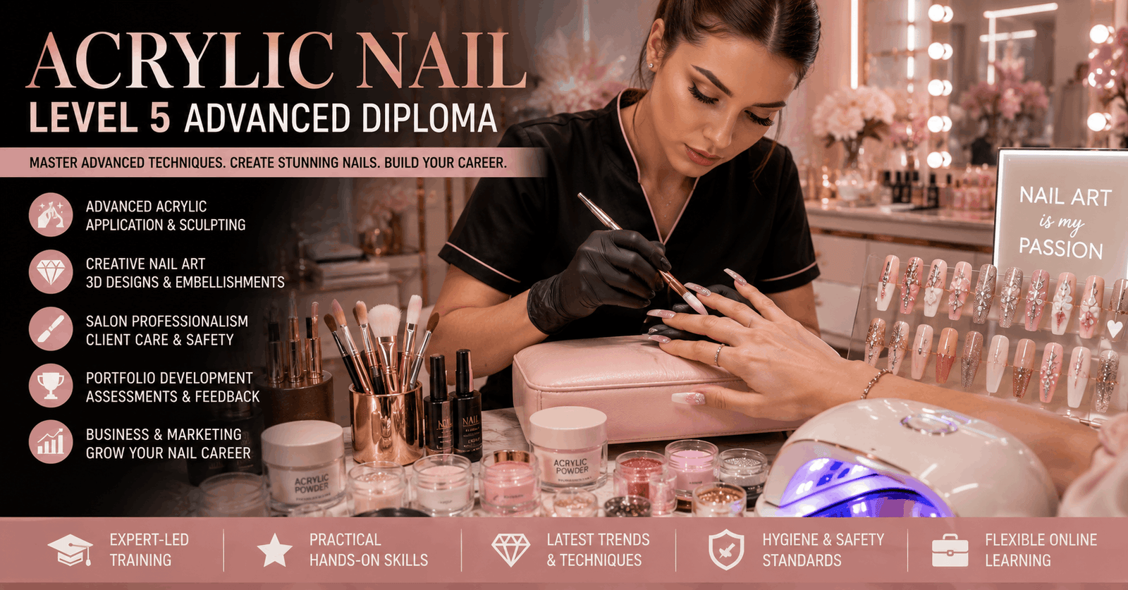 Professional acrylic nail treatment and nail artistry session in a luxury beauty salon environment