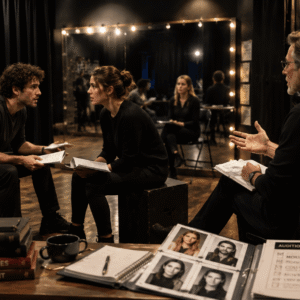 Professional actors rehearsing dramatic scenes in an Acting Diploma Course studio environment