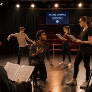 Professional acting diploma students performing stage rehearsal in a modern theatre studio