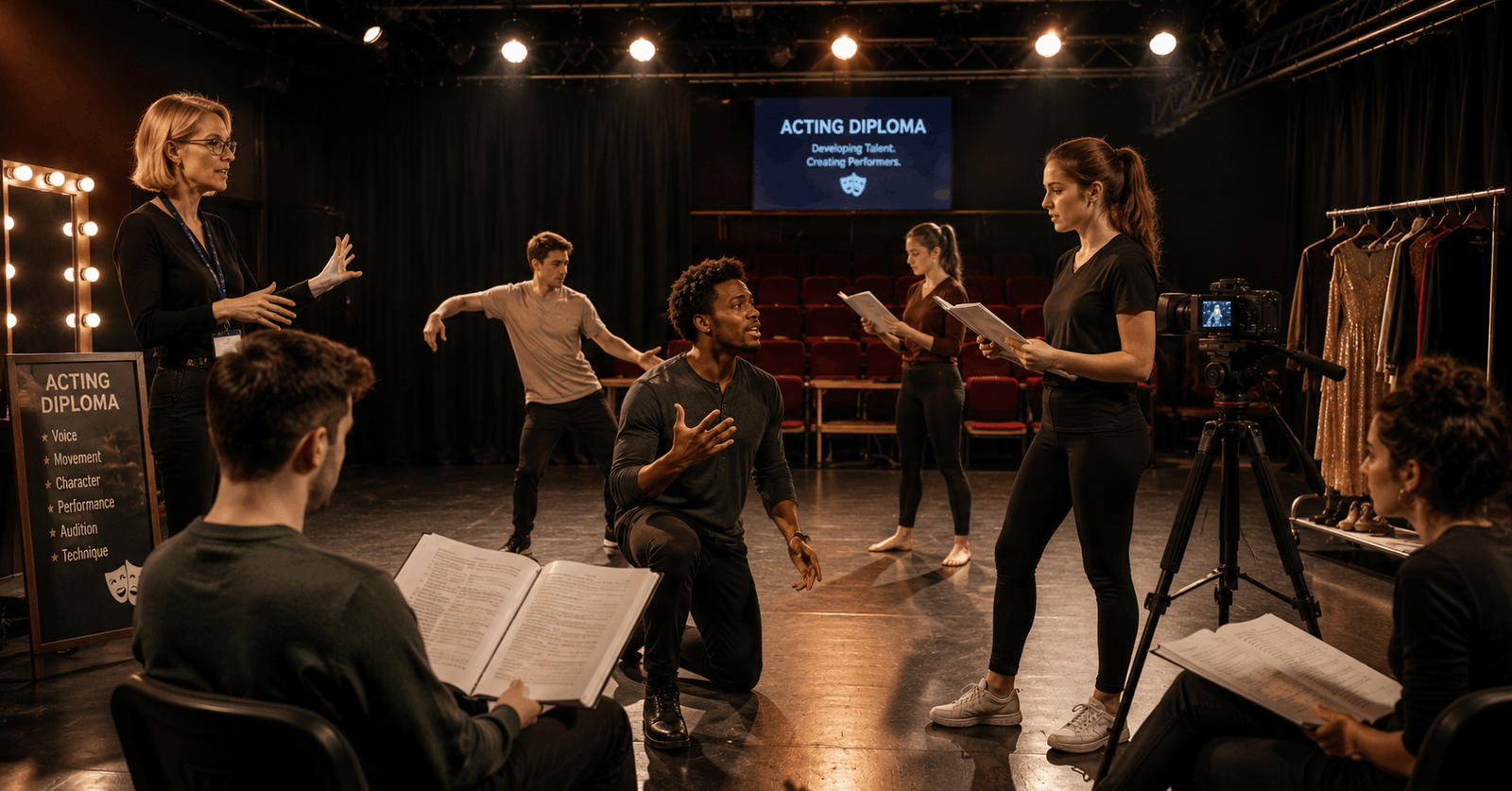 Professional acting diploma students performing stage rehearsal in a modern theatre studio