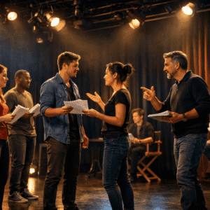 Acting essentials training with students rehearsing scenes on a theatre stage with scripts, lighting and performance coaching