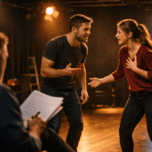 Student performing on stage during acting fundamentals dramatic performance training with lights, script and expressive body language