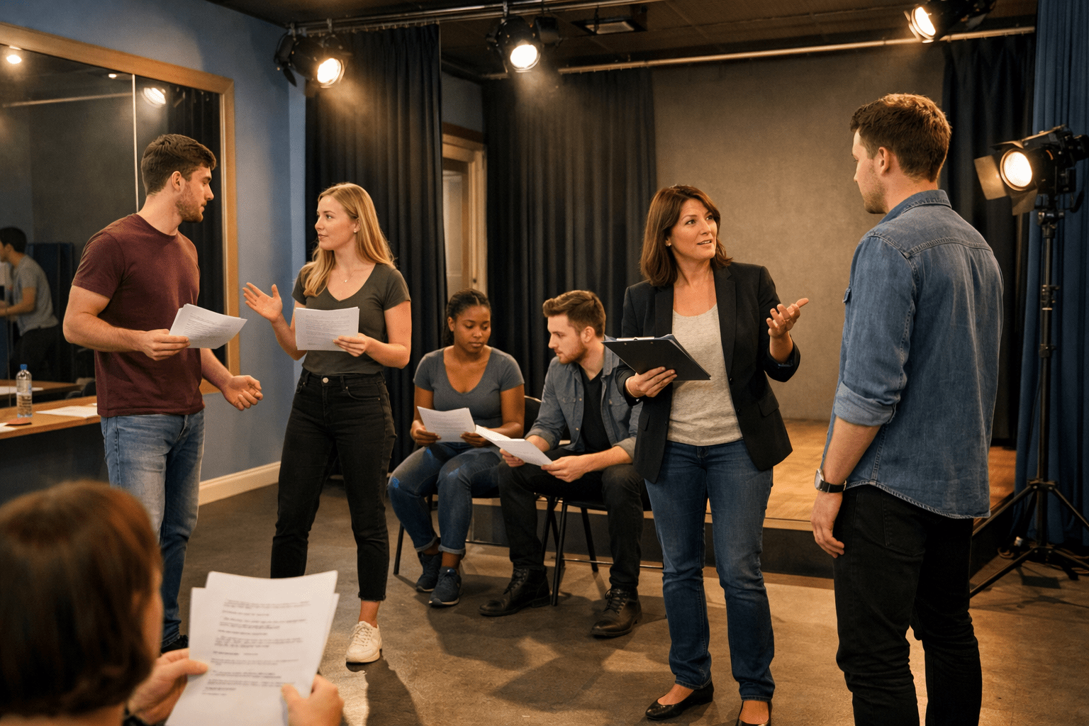 Acting training course showing UK students practising stage and screen performance with a professional acting coach
