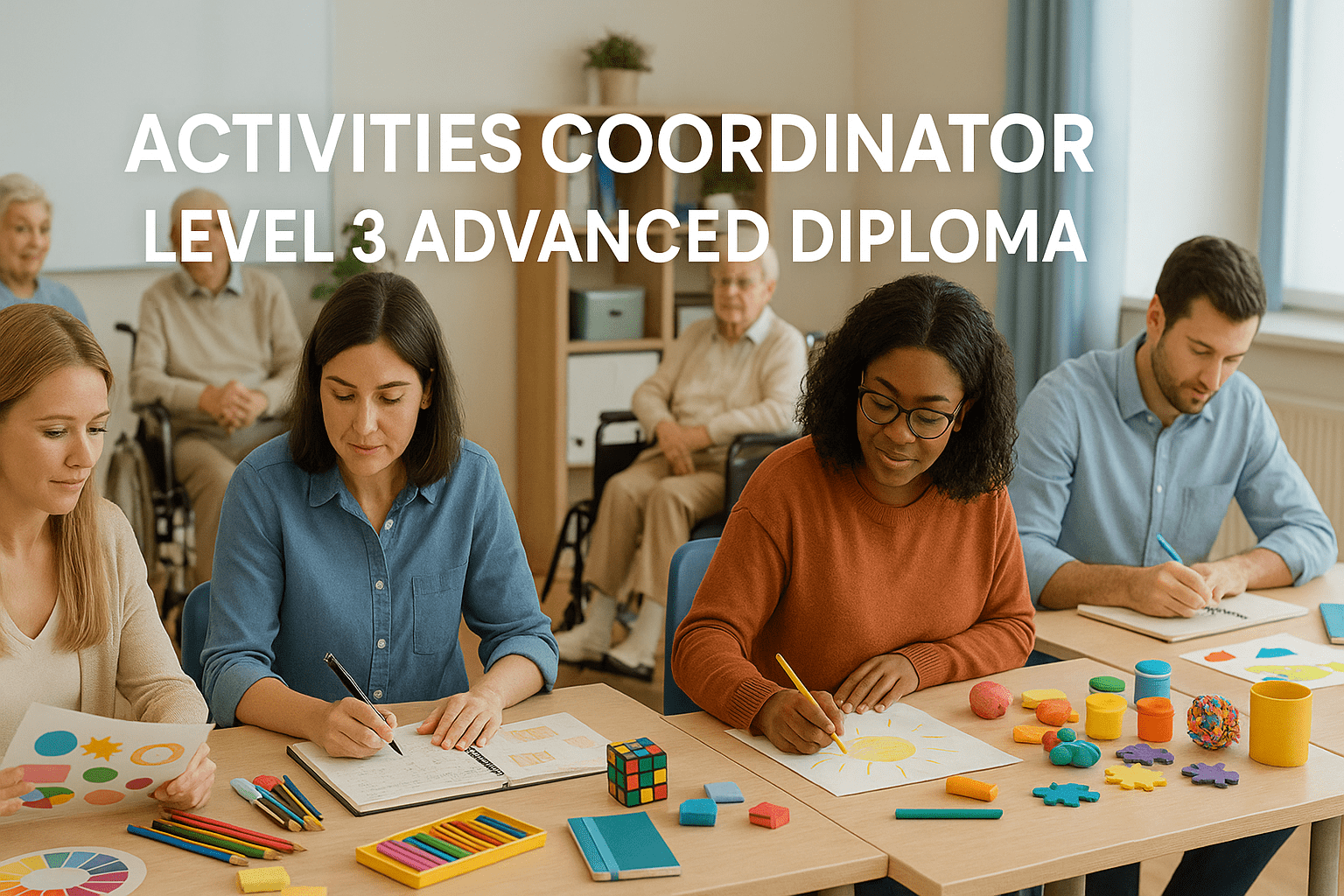 Adult learners practising activity coordination in a healthcare setting with care residents and creative tools.