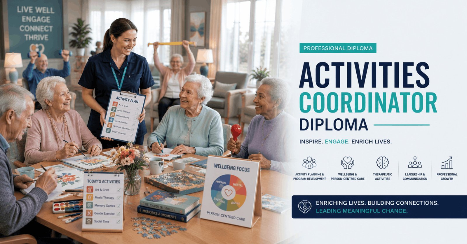 Activities Coordinator Diploma featuring a professional coordinator leading engaging wellbeing activities in a modern care home.