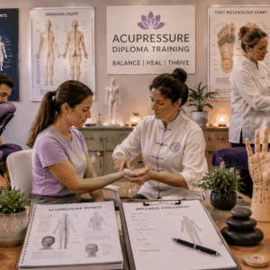 Acupressure Diploma training showing holistic therapy techniques, pressure point practice, and professional healing environment