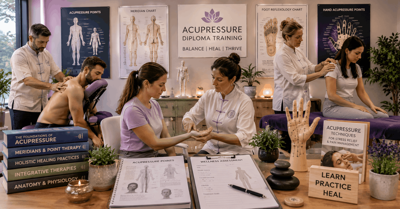 Acupressure Diploma training showing holistic therapy techniques, pressure point practice, and professional healing environment