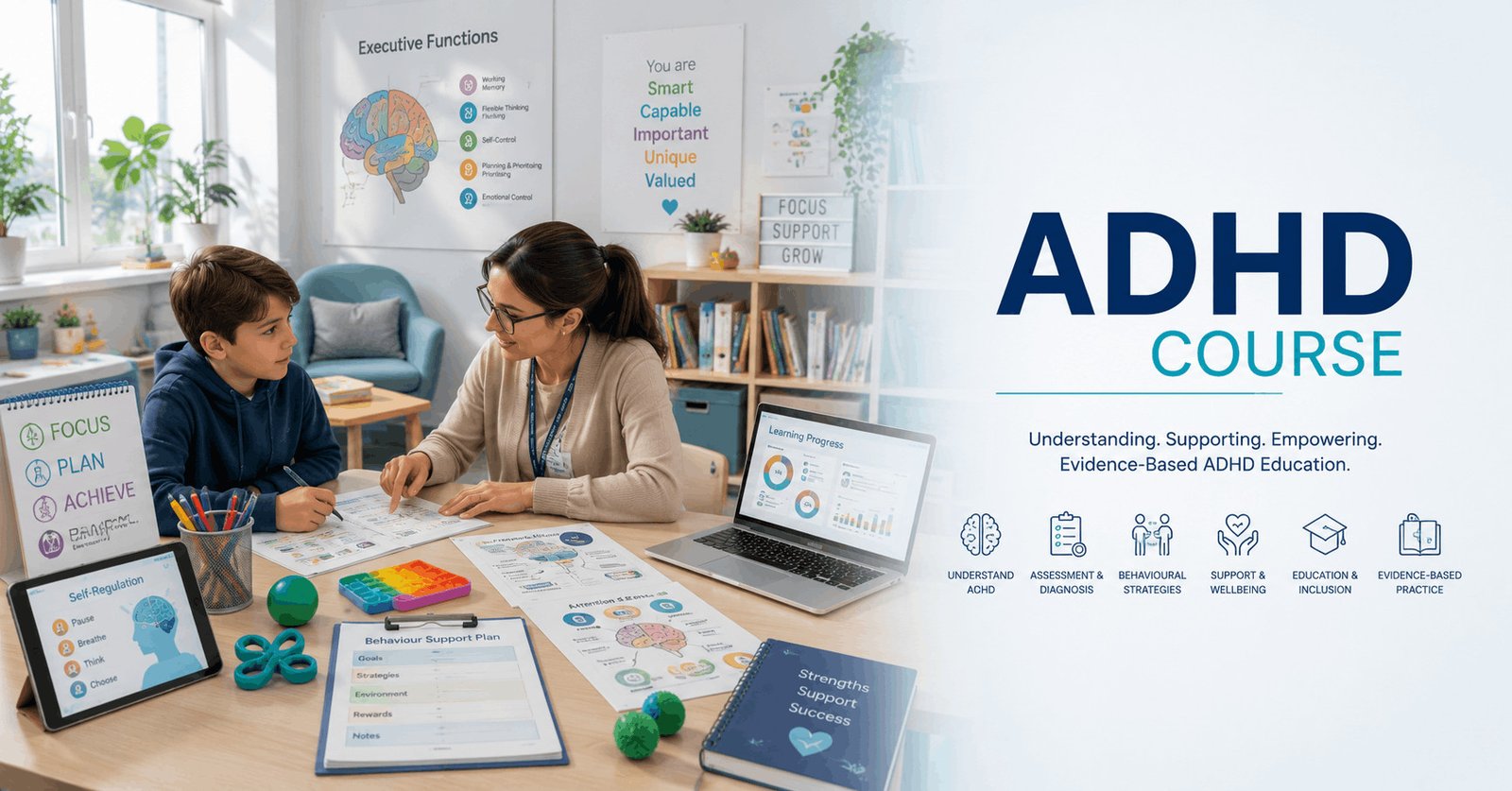 ADHD Course featuring a healthcare professional supporting a student with learning strategies in a modern educational setting.