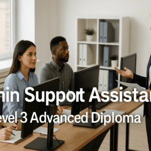 Admin Support Assistant training with students learning office procedures and communication skills in a modern workspace.