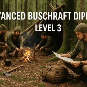 students learning wilderness survival, fire-craft, and navigation outdoors, advanced bushcraft diploma