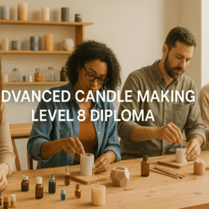 Students mastering advanced candle making with tools, wax, and creative designs in a UK studio setting.