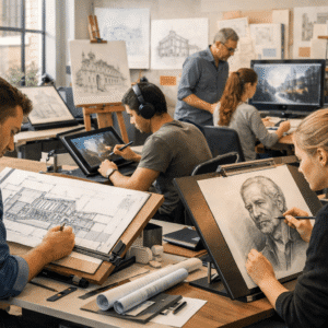 Advanced draughtsmanship diploma students creating detailed architectural and figure drawings in a professional studio