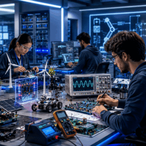 Advanced Electronics Diploma students working with circuits, robotics, and embedded systems in a modern lab