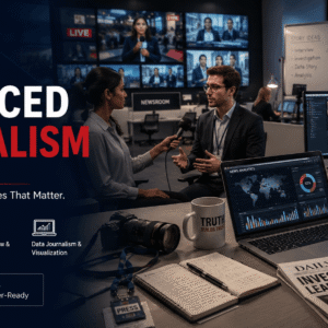 Professional newsroom scene for advanced journalism course with reporters and digital media tools