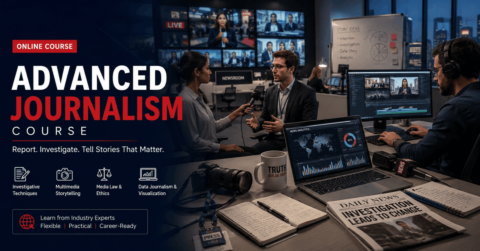 Professional newsroom scene for advanced journalism course with reporters and digital media tools