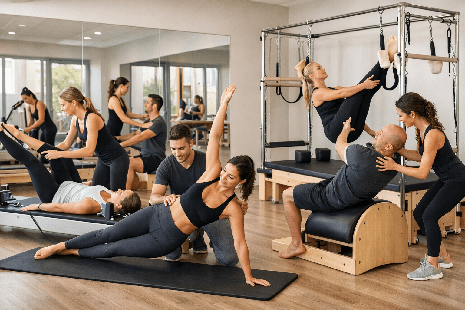 advanced pilates diploma students training on reformer and mat equipment in a modern pilates studio