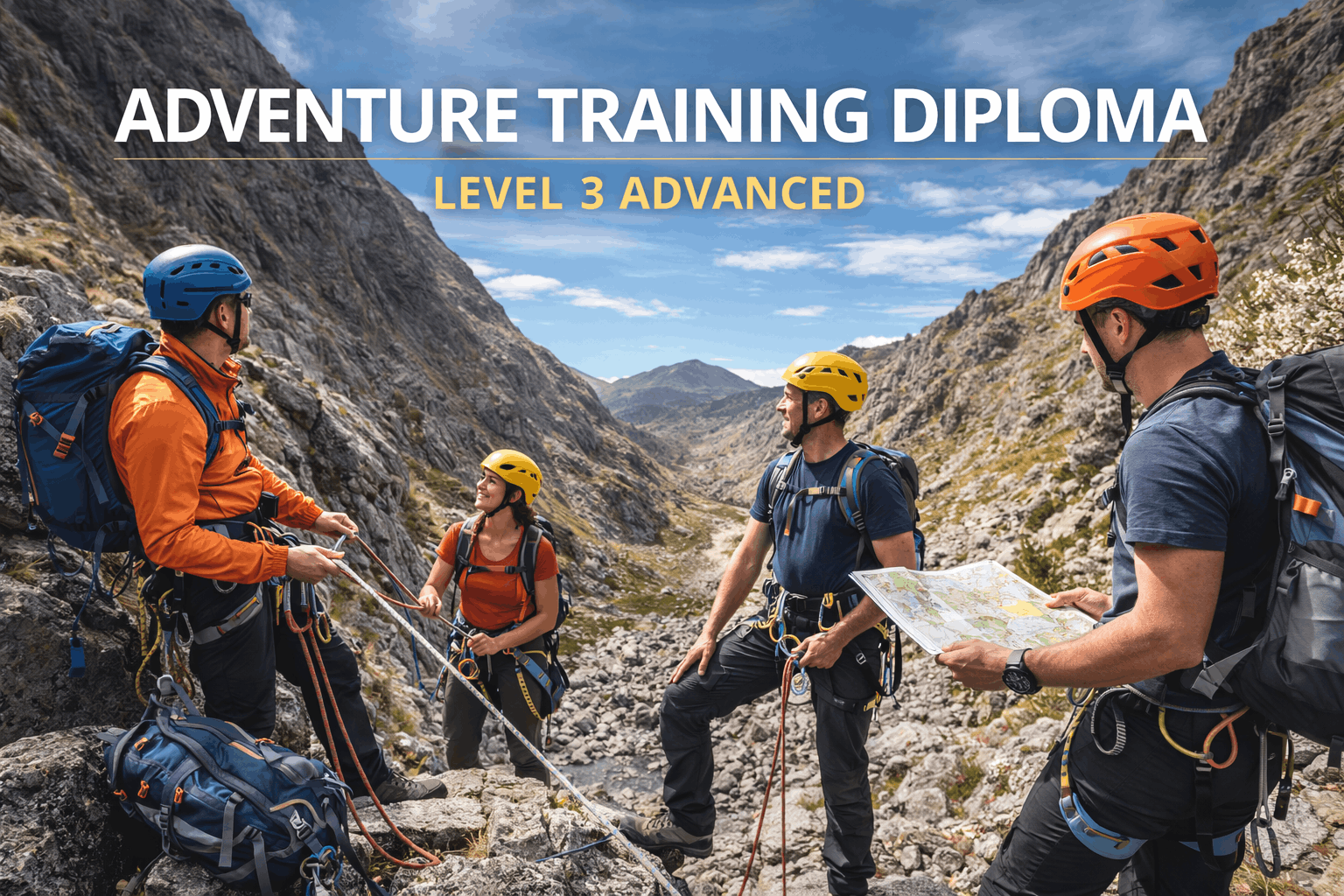 Adventure Training Diploma Level 3 showing outdoor instructors leading a climbing and rope training session in a mountain setting