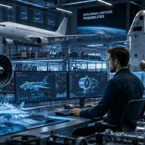 Aerospace engineer analysing aircraft and satellite systems in a modern aerospace engineering laboratory