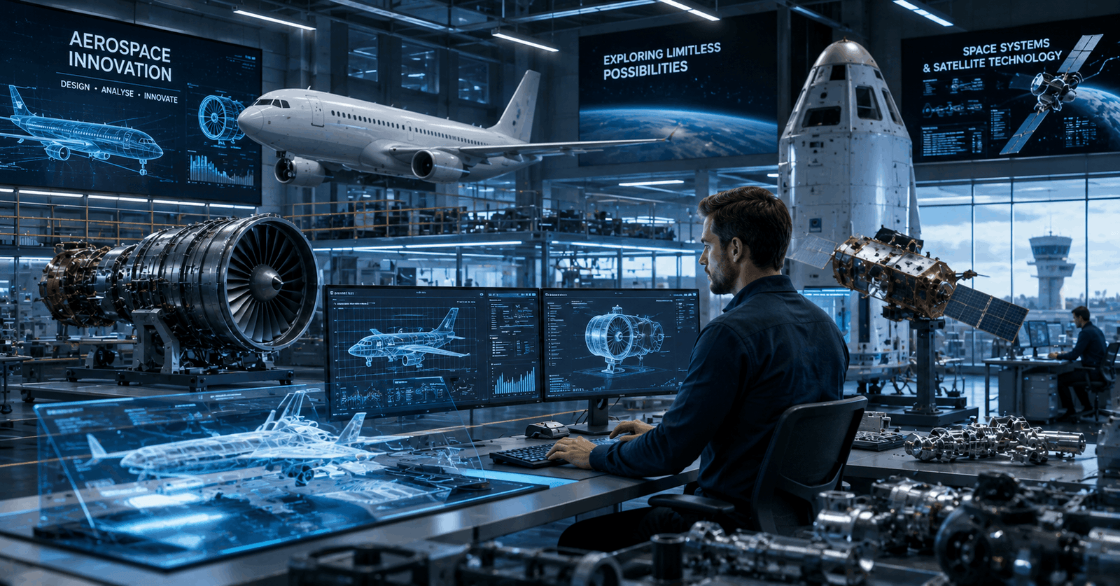 Aerospace engineer analysing aircraft and satellite systems in a modern aerospace engineering laboratory