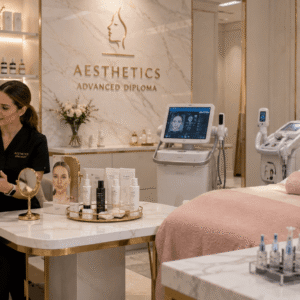Professional aesthetic practitioner performing advanced skincare treatment in an Aesthetics Advanced Diploma setting