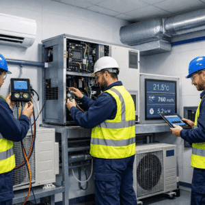 Professional technicians training on HVAC systems in an air conditioning diploma Level 3 advanced learning environment