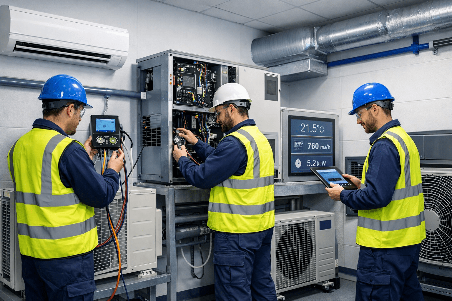 Professional technicians training on HVAC systems in an air conditioning diploma Level 3 advanced learning environment