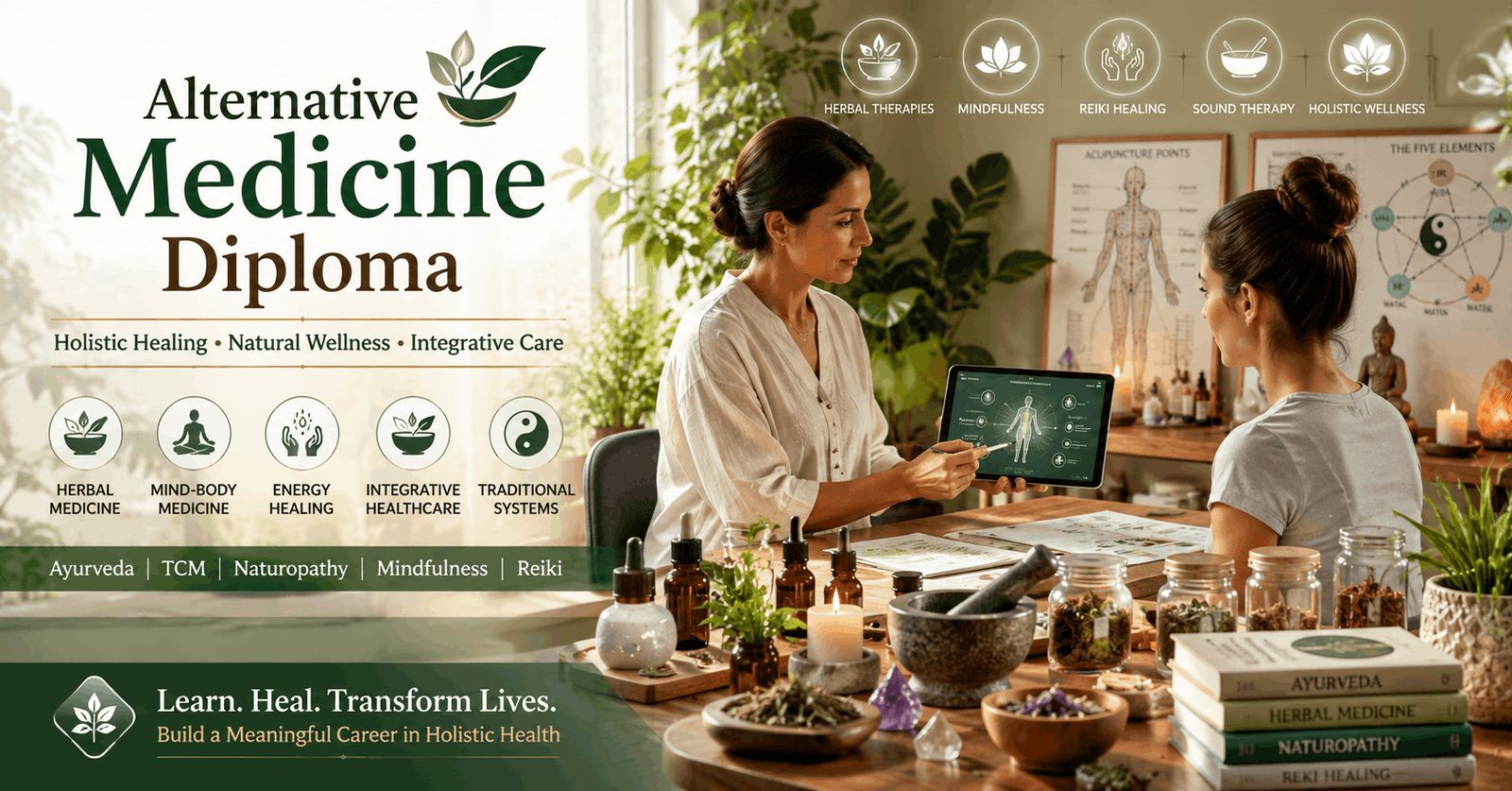 Alternative Medicine Diploma course featuring holistic healing, herbal therapies, meditation, and wellness practices