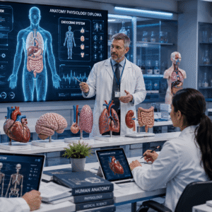 Students studying human body systems in Anatomy Physiology Diploma advanced laboratory training environment